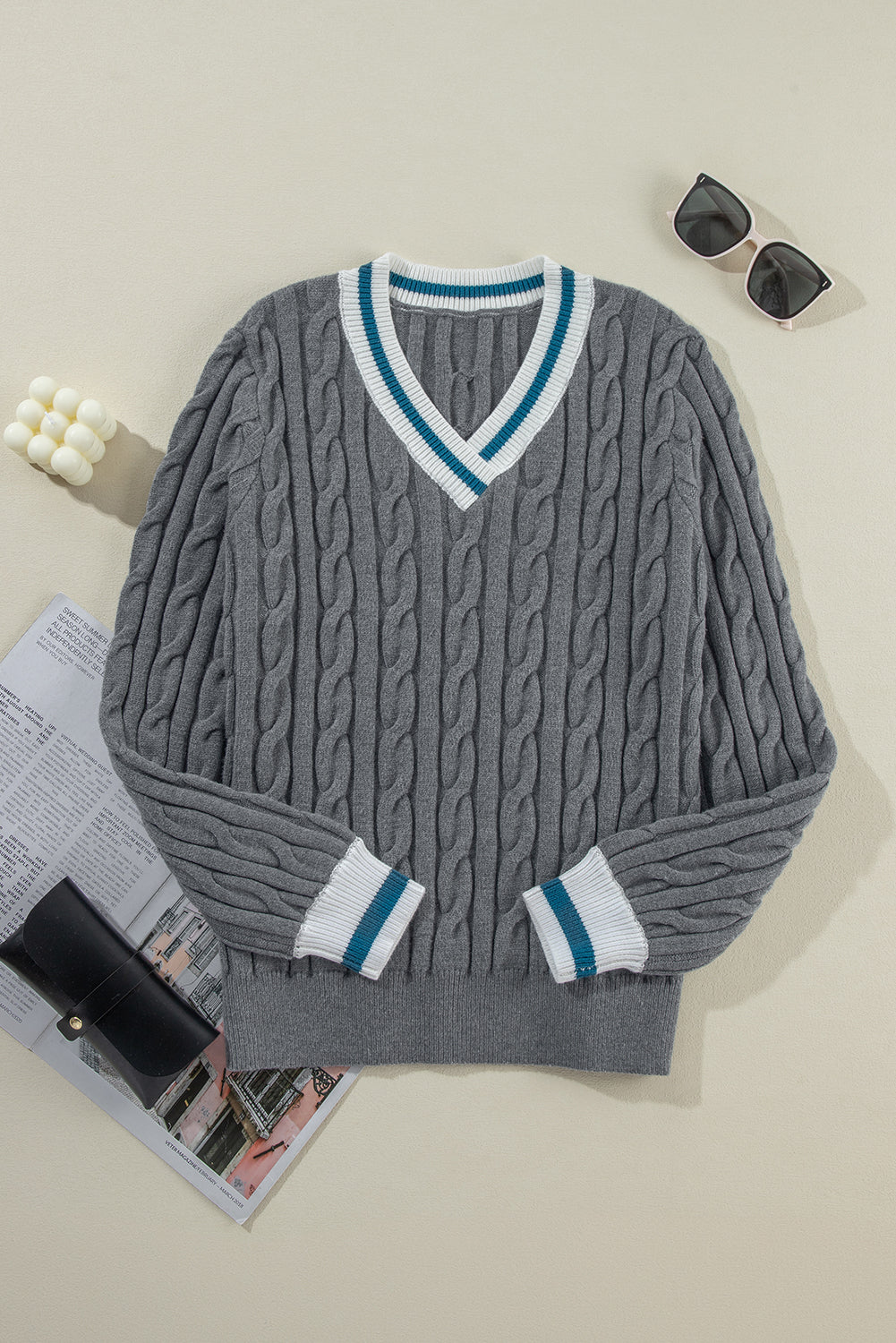 Medium Grey Color Contrast Ribbed Edge Cable Knit V Neck Sweater