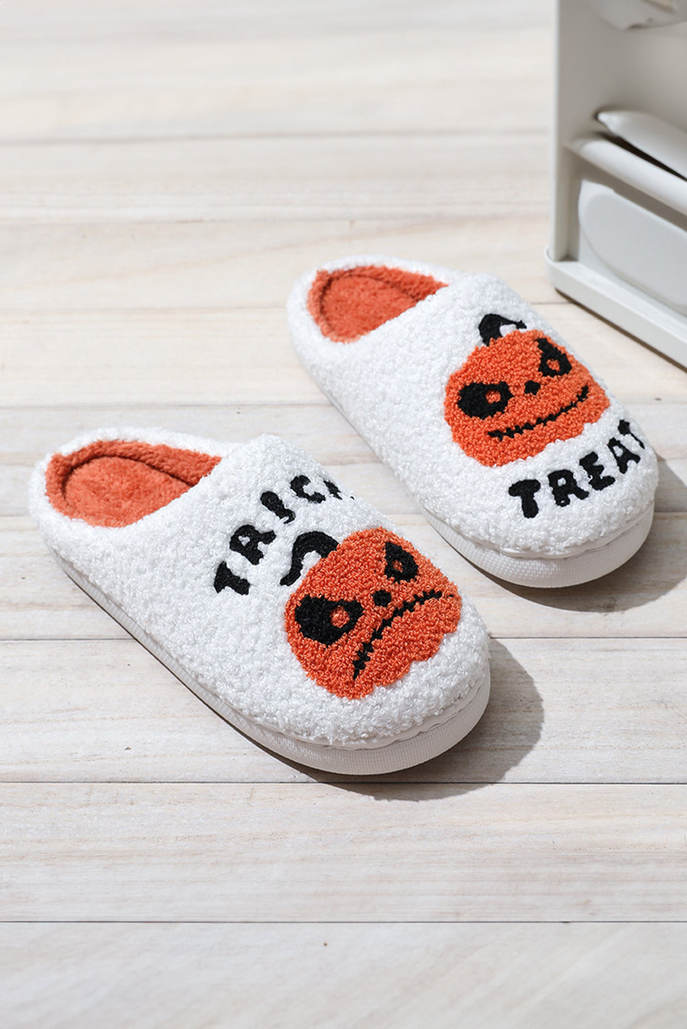 White Halloween Pumpkin Trick Or Treat Plush Slippers