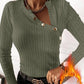 Asymmetrical Neck Long Sleeve Fleece Lined Ribbed Top Button Front Slim Fit Tee