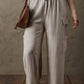 Beige Boho Linen Drawstring Waist Raw Edge Cargo Loose Pants