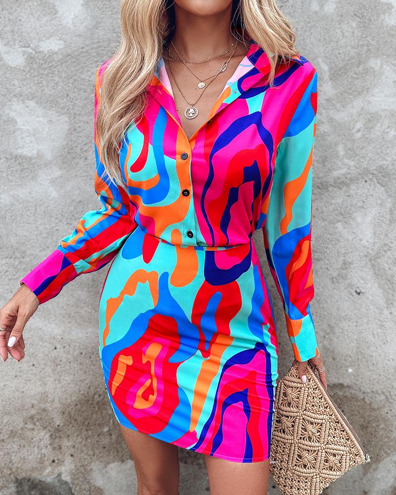 Abstract Print Long Sleeve Button Down Shirt & Skirt Set