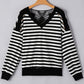 Black Stripe Crochet Hollow-out Back Buttoned Shoulder V Neck Top