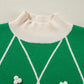 Dark Green Diamond Pattern Pom Accents Contrast Trim High Neck Sweater