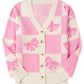 Pink Bowknot Checkered Pattern V Neck Drop Shoulder Button Up Cardigan