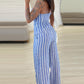 2 Pieces Striped Print Bandeau Button Front Top and Casual Loose Fit Pants Set