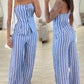 2 Pieces Striped Print Bandeau Button Front Top and Casual Loose Fit Pants Set