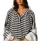 Black white Oversized Striped Henley Buttons Dolman Sleeve Hooded Top