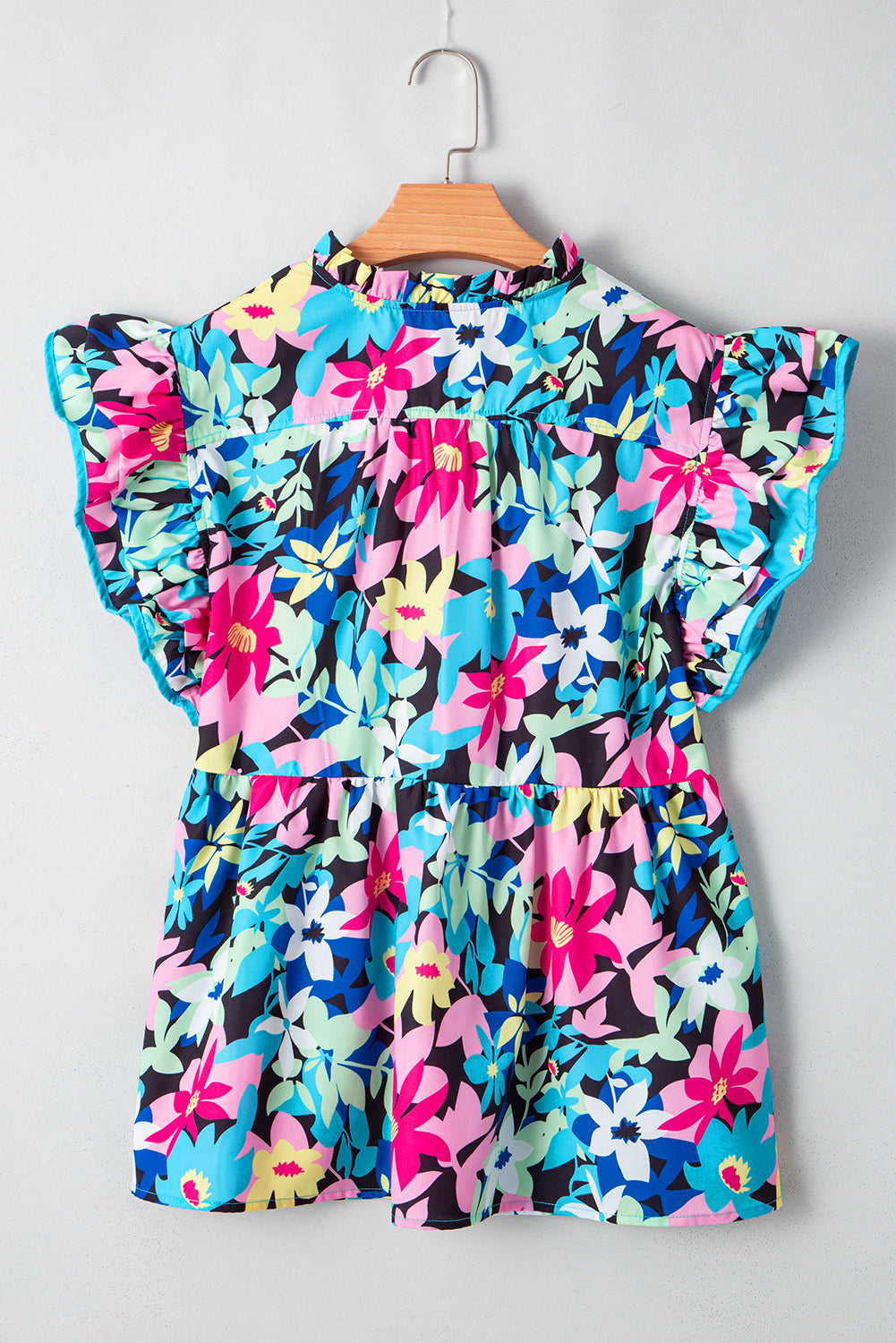 Blue Floral Flutter Sleeve Tied Notched Neck Plus Size Blouse