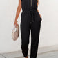 Black Zipper Flutter Sleeve Drawstring High Waist Jumpsuit