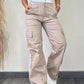 Striped Tape Patch Shirred Stretchy High Waist Pants Pocket Design Cargo Pants