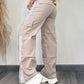 Striped Tape Patch Shirred Stretchy High Waist Pants Pocket Design Cargo Pants