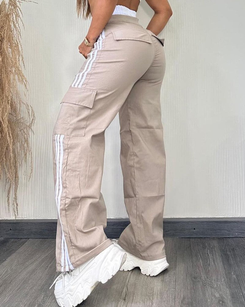 Striped Tape Patch Shirred Stretchy High Waist Pants Pocket Design Cargo Pants