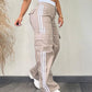 Striped Tape Patch Shirred Stretchy High Waist Pants Pocket Design Cargo Pants