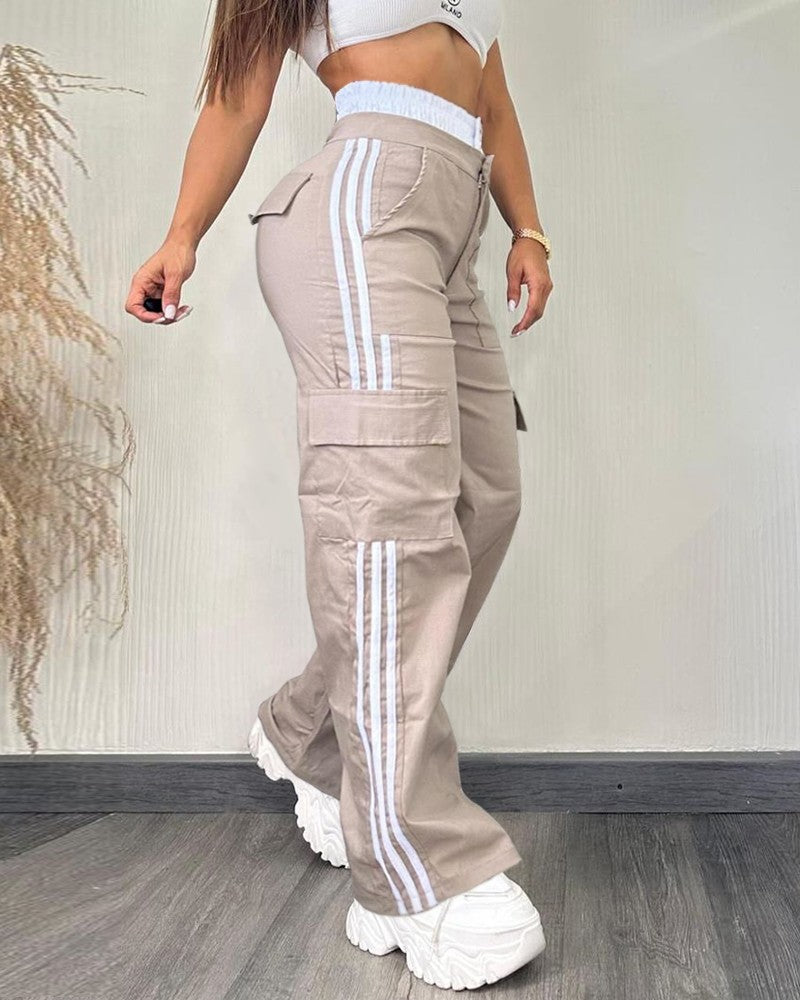 Striped Tape Patch Shirred Stretchy High Waist Pants Pocket Design Cargo Pants