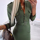 Round Neck Button Front Long Sleeve Bodycon Dress Casual Pocket Design Slim Fit Midi Dress with Belt