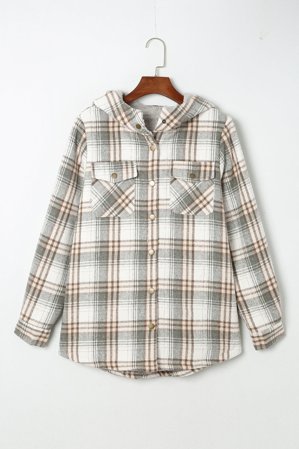 Gray Plaid Pattern Sherpa Lined Hooded Shacket