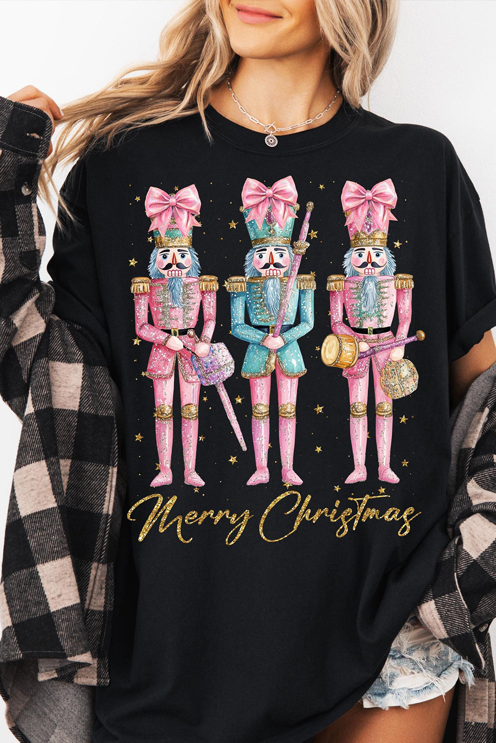 Black Nutcracker Merry Christmas Printed Crewneck T Shirt