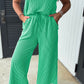 Bright Green Solid Corded Knit Short Sleeve T Shirt and Wide Leg Pants Set