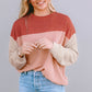 Fiery Red Color Block Long Sleeve Ribbed Loose Top