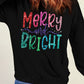 Black Glittering Merry and Bright Graphic Christmas Pullover Sweatshirt