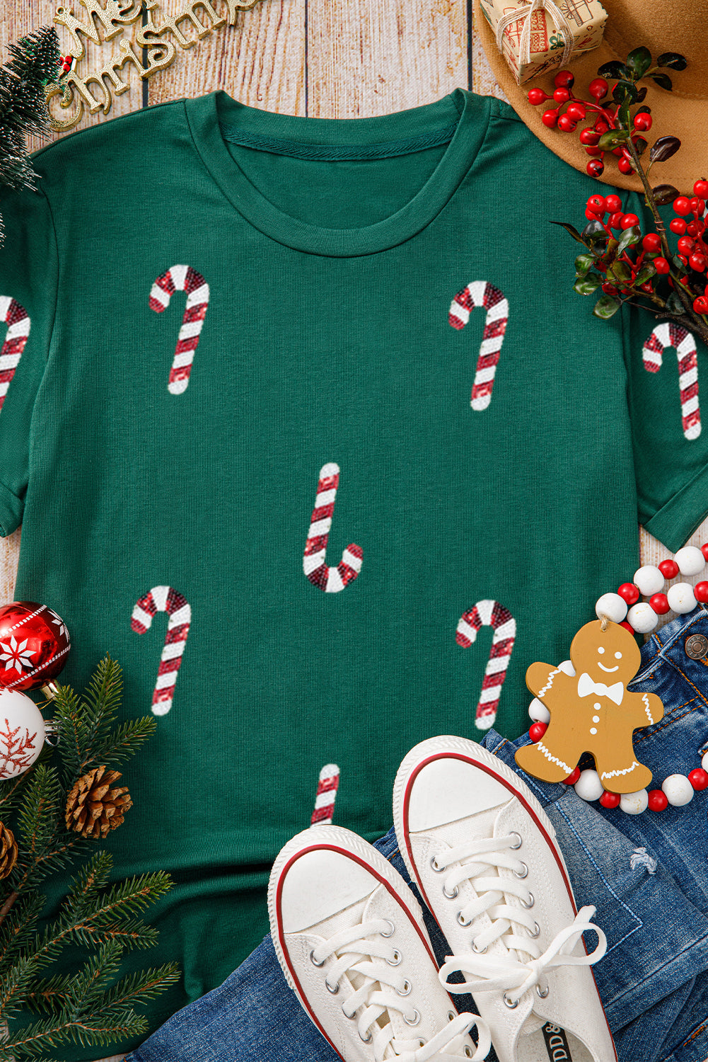 Green Christmas Candy Cane Graphic Casual T Shirt