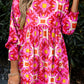 Strawberry Pink Geometric Print Smocked Long Sleeve Mini Dress