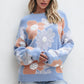 Beau Blue Floral O Neck Drop Shoulder Knitted Sweater