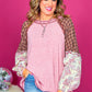 Pink Checkered Paisley Patchwork Raglan Sleeve Seamed Plus Size Top