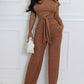 2 Pieces Outfits Round Neck Short Sleeve Tied Detail Top and Loose Fit Ribbed Pocket Design Pants Sets