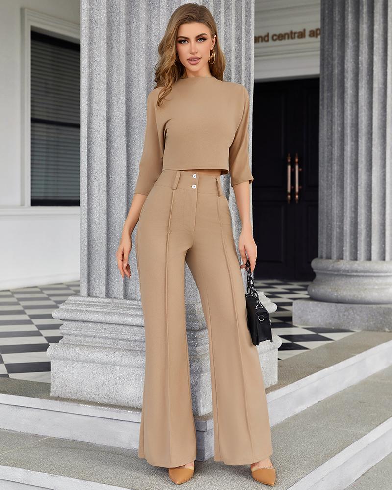 Mock Neck Crop Top & Pocket Design Buttoned Work Pants Set