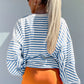 Blue Stripe Drop Shoulder Crew Neck Loose Sweatshirt