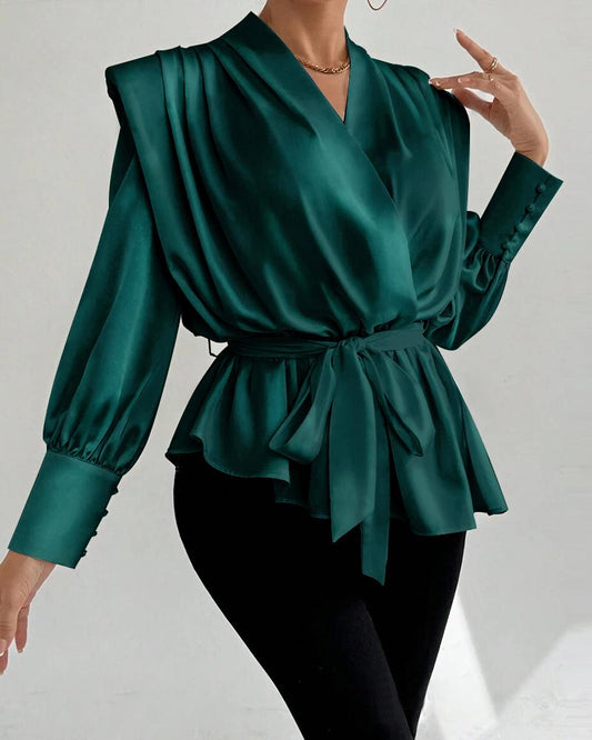 V Neck Long Sleeve Ruched Tied Detail Blouse Top With Shoulder Pad