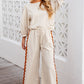 White Colorblock Ric Rac Trim Sleeve Top and Wide Leg Pants Set