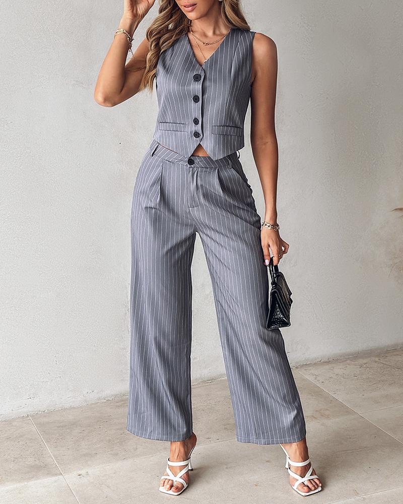 Striped Buttoned Vest Top & Pocket Design Pants Set