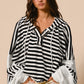 Black white Oversized Striped Henley Buttons Dolman Sleeve Hooded Top