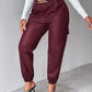 PU Leather High Waist Cargo Pants with Flap Pocket Chain Decor Cuffed Jogger Pants