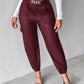 PU Leather High Waist Cargo Pants with Flap Pocket Chain Decor Cuffed Jogger Pants