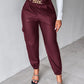 PU Leather High Waist Cargo Pants with Flap Pocket Chain Decor Cuffed Jogger Pants