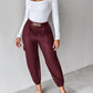 PU Leather High Waist Cargo Pants with Flap Pocket Chain Decor Cuffed Jogger Pants