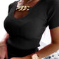 V Neck Chain Decor Short Sleeve Knit Top Dressy Casual Slim Fit Pullover