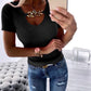 V Neck Chain Decor Short Sleeve Knit Top Dressy Casual Slim Fit Pullover