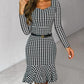 Houndstooth Print Long Sleeve Mermaid Bodycon Dress