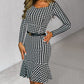 Houndstooth Print Long Sleeve Mermaid Bodycon Dress