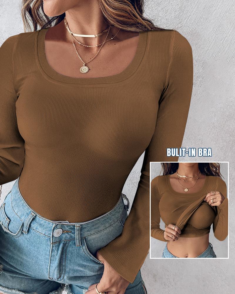 U Neck Built in Bra Long Sleeve Ribbed Top