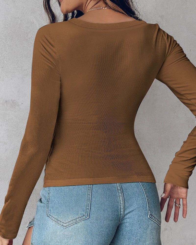 U Neck Built in Bra Long Sleeve Ribbed Top