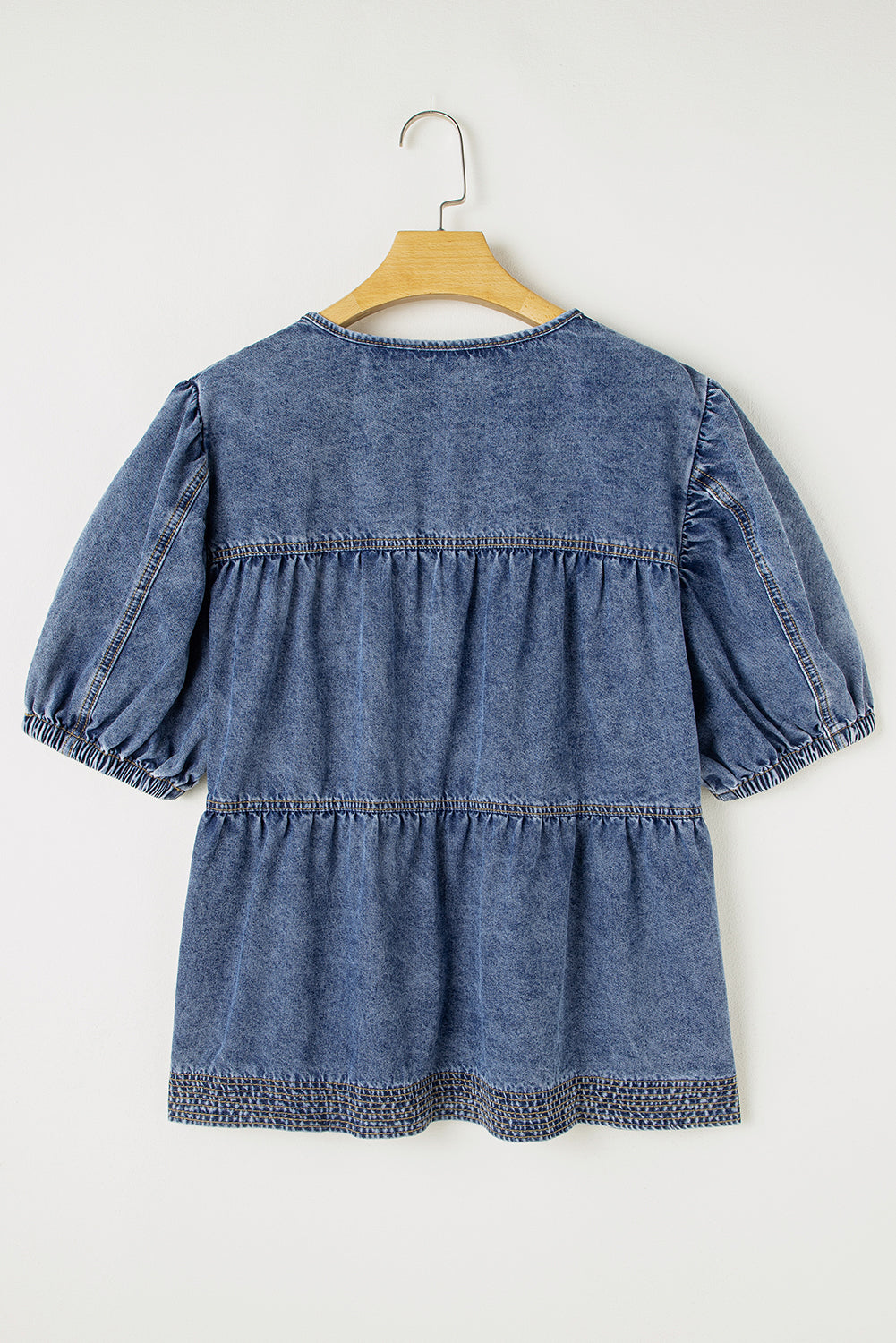 Sail Blue Plus Drawstring V Neck Puff Sleeve Denim Blouse