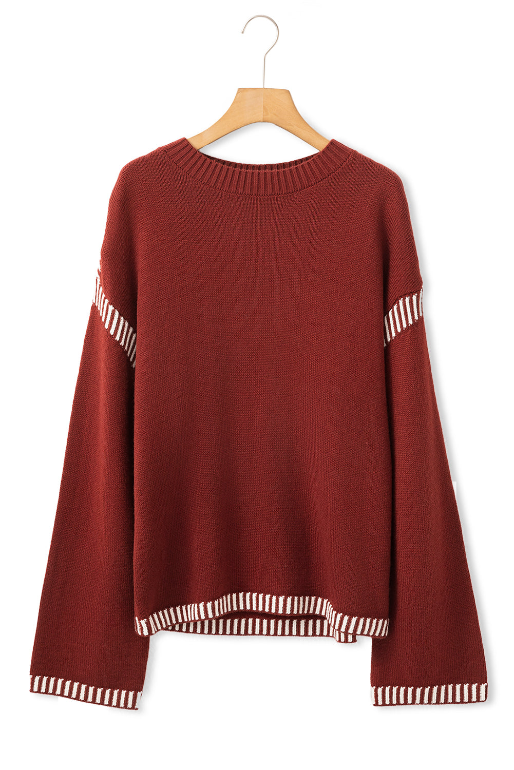 Red Dahlia Color Contrast Trim Drop Shoulder Crew Neck Sweater