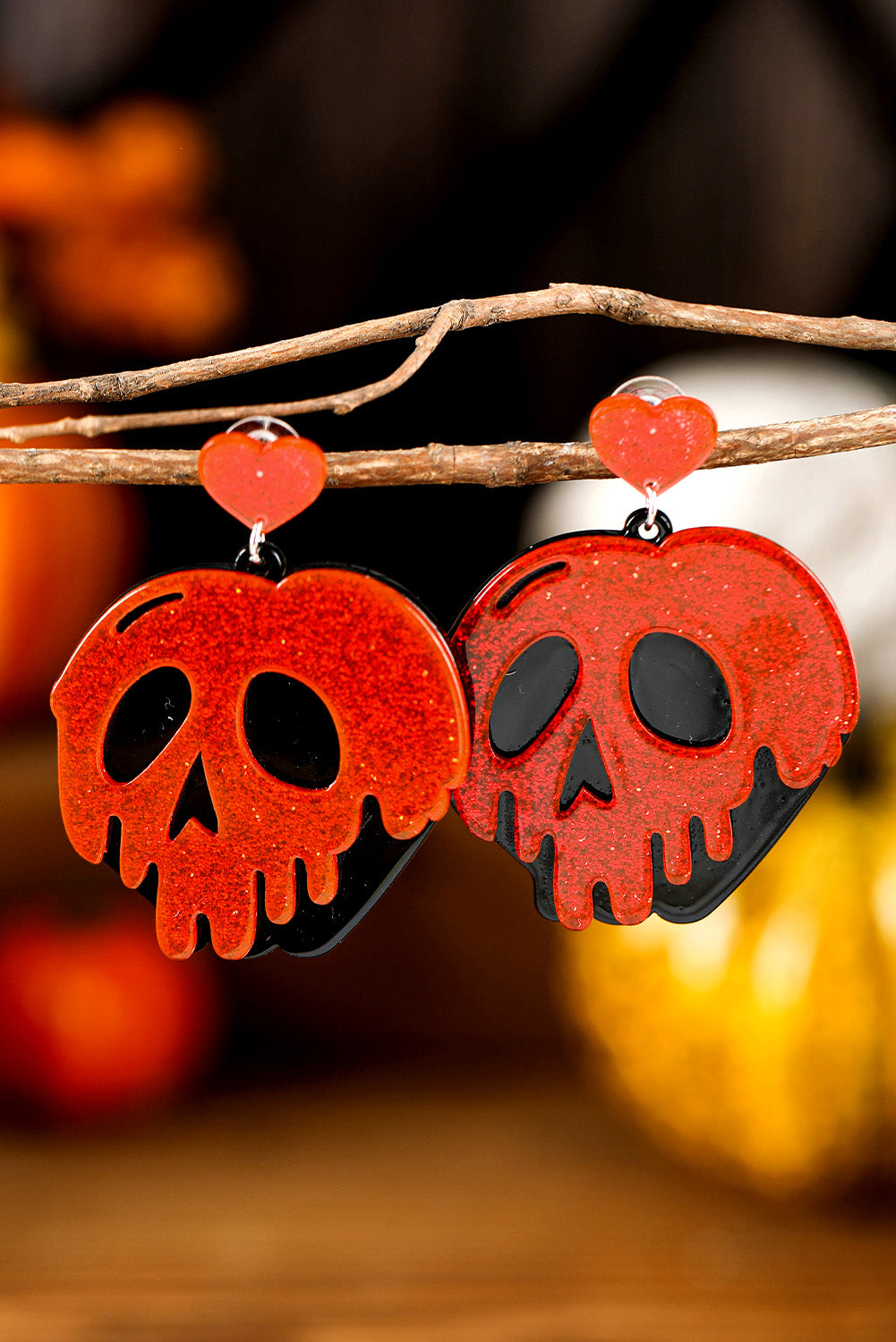 Fiery Red Halloween Skull Heart Shape Acrylic Stud Earrings