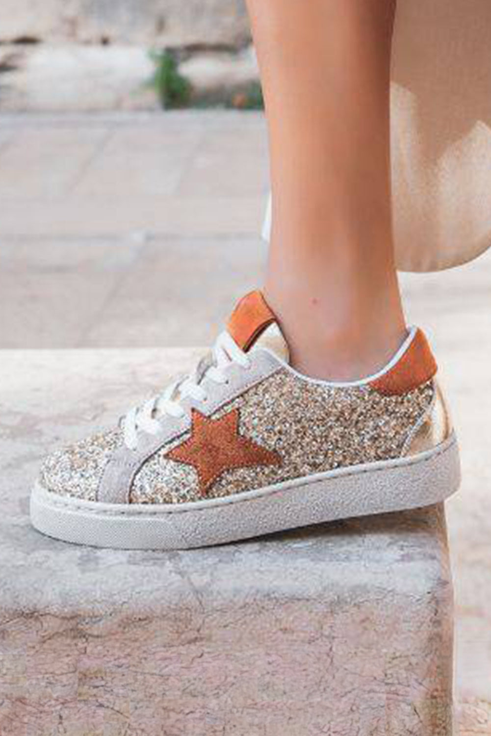 Gold Star Patchwork Sequined Lace-up Sneakers