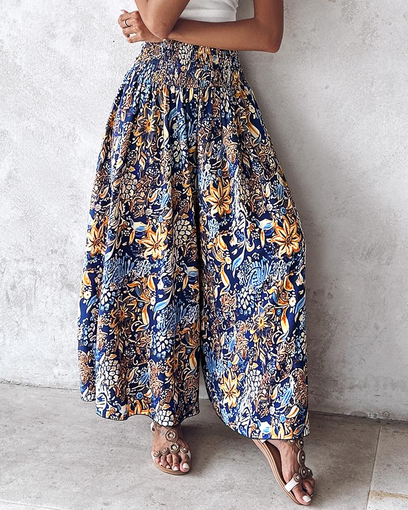 Boho Floral Print Shirred High Waist Wide Leg Pants